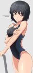  absurdres amagami black_hair black_one-piece_swimsuit bob_cut brown_eyes competition_swimsuit dated highres looking_at_viewer mitojyaneeeeyo nanasaki_ai one-piece_swimsuit pool_ladder short_hair swimsuit twitter_username two-tone_swimsuit watermark 