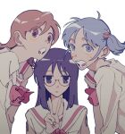  3girls aioi_yuuko blouse blue_eyes blue_hair blush_stickers bow bowtie brown_eyes brown_hair closed_mouth commentary cube_hair_ornament expressionless glasses hair_ornament hand_up highres jitome long_hair long_sleeves looking_at_viewer medium_hair minakami_mai multiple_girls naganohara_mio naotin3333 nichijou open_mouth pink_bow pink_bowtie purple_eyes purple_hair sailor_collar school_uniform semi-rimless_eyewear shirt short_hair simple_background surprised sweatdrop symbol-only_commentary under-rim_eyewear upper_body v white_background white_sailor_collar yellow_shirt 