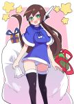  1girl absurdres aile_(mega_man_zx) black_footwear blush boots box breasts brown_hair buzzlyears gift gift_box green_eyes highres long_hair medium_breasts mega_man_(series) mega_man_zx mega_man_zx_advent open_mouth panties sack santa_costume smile solo thigh_boots underwear white_panties 