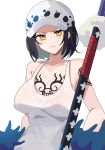  1girl absurdres arm_tattoo bare_arms bare_shoulders black_hair blue_feathers breast_tattoo breasts chest_tattoo cleavage closed_mouth collar covered_nipples feather_boa feathers frown genderswap genderswap_(mtf) head_tilt highres holding holding_sword holding_weapon jolly_roger large_breasts looking_at_viewer one_piece polka_dot see-through see-through_shirt short_hair simple_background sleeveless solo sori_6403 sword tank_top tattoo trafalgar_law tsurime upper_body weapon white_background yellow_eyes 