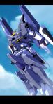  aqua_eyes clenched_hands flying g.yamamoto gundam gundam_build_divers gundam_build_divers_re:rise gundam_tertium highres looking_up mecha mobile_suit no_humans science_fiction sky solo thrusters v-fin 