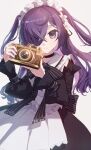  1girl absurdres black_choker black_ribbon camera choker flower hair_over_one_eye hair_ribbon highres holding holding_camera long_sleeves looking_at_viewer maid_headdress memory_(monster_strike) monster_strike pia_nano purple_eyes purple_hair ribbon smile solo two_side_up white_flower 