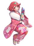  1girl :d absurdres alternate_costume blush commentary_request floral_print gonzarez headpiece highres holding japanese_clothes kimono long_sleeves looking_at_viewer new_year open_mouth print_kimono pyra_(xenoblade) red_eyes red_hair red_kimono short_hair simple_background smile socks solo swept_bangs tabi white_background white_socks wide_sleeves xenoblade_chronicles_(series) xenoblade_chronicles_2 