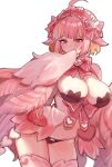  1girl ahoge blonde_hair blush breasts cleavage covering_mouth feathered_wings feathers hairband harpy heart heart-shaped_pupils highres jubjub_(monster_girl_encyclopedia) large_breasts midriff monster_girl monster_girl_encyclopedia multicolored_hair panties pink_eyes pink_hair pink_theme pink_wings rnskkn short_hair simple_background solo symbol-shaped_pupils underwear white_background winged_arms wings 