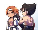  2boys abs back bare_pectorals belt black_belt black_gloves black_hair black_pants closed_mouth dougi fingerless_gloves frown gloves gradient_background hand_on_own_leg headband hwoarang_(tekken) kazama_jin kotorai looking_at_another male_focus martial_arts_belt multiple_boys navel no_nose open_clothes open_shirt orange_eyes orange_hair pants pectorals scratching_head shoulder_tattoo signature south_korean_flag tattoo tekken thick_eyebrows v-shaped_eyebrows white_pants 