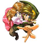  1970s_(style) 1980s_(style) 1boy 1girl blonde_hair boots brown_eyes couple dennis_pulido dress elf english_commentary famicom fantasy game_console good_end happy hat highres hug jewelry link looking_at_viewer nes nintendo perspective pointy_ears princess princess_zelda reaching reaching_towards_viewer retro_artstyle scan sword teeth the_legend_of_zelda traditional_media weapon 