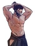 1boy 2mm_owo abs arms_up bara bi-han cowboy_shot highres hip_vent large_pectorals looking_ahead male_focus mortal_kombat_(series) mortal_kombat_1_(2023) muscular muscular_male navel nipples pectorals solo sub-zero thick_eyebrows topless_male tying_hair unfinished 