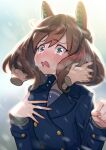  1girl animal_ears blue_coat blush brown_eyes brown_hair buttons clenched_hand coat commentary crying crying_with_eyes_open disembodied_limb double-breasted ear_covers frown hair_tie hand_in_another&#039;s_hair hand_on_own_chest horse_ears horse_girl long_sleeves looking_at_viewer medium_hair multicolored_hair nice_nature_(umamusume) open_mouth sabum school_uniform snowing streaked_hair tears twintails umamusume winter_uniform 