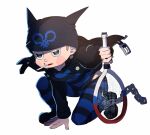  1boy animal_ear_headwear animal_ears beanie belt belt_buckle black_belt black_eyes black_footwear black_headwear black_jacket black_pants black_shirt black_sleeves blue_pants blue_pupils blue_shirt blush_stickers boots brown_hair buckle cat_ears chain cigarette collarbone commentary_request cuffs danganronpa_(series) danganronpa_v3:_killing_harmony fake_animal_ears fighting_stance fingernails full_body half-closed_eyes hand_on_ground hat holding holding_cigarette holding_tennis_racket hoshi_ryoma jacket jacket_lift kogarashi_8 leather leather_jacket long_sleeves looking_ahead male_focus midriff_peek mouth_hold on_one_knee open_clothes open_jacket open_mouth pants partial_commentary pocket prison_clothes racket shackles shirt short_hair simple_background solo striped striped_pants striped_shirt tennis_racket two-tone_pants two-tone_shirt v-shaped_eyes very_short_hair white_background zipper zipper_pull_tab 