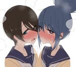  2girls ame_(amechan17391739) blue_eyes blue_hair blue_sailor_collar blush brown_hair cardigan closed_mouth collarbone hair_between_eyes hair_bun highres looking_at_viewer multiple_girls neckerchief open_mouth purple_eyes sailor_collar saitou_ena school_uniform serafuku shima_rin short_hair sidelocks simple_background single_hair_bun steaming_body sweat upper_body white_background white_neckerchief yellow_cardigan yurucamp 