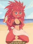 absurd_res beach bikini blush breasts clothing crab_art_studio digital_media_(artwork) female flaky_(htf) front_view fur hair happy_tree_friends hi_res humanoid looking_at_viewer mammal porcupine red_body red_fur rodent seaside simple_background small_waist smile solo swimwear text