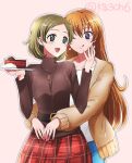  2girls ;q aged_up belt black_belt black_shirt blue_eyes blue_pants brown_cardigan brown_hair cake cardigan chocolate_cake closed_eyes commentary_request earrings food green_eyes grey_outline hand_on_another&#039;s_face highres holding holding_plate houjou_hibiki hug hug_from_behind jewelry kagami_chihiro long_hair long_sleeves looking_at_another looking_back minamino_kanade multiple_girls necklace one_eye_closed open_cardigan open_clothes open_mouth orange_hair outline pants pink_background plaid plaid_skirt plate pleated_skirt precure red_skirt shirt short_hair skirt smile standing stud_earrings suite_precure tongue tongue_out turtleneck twitter_username white_outline white_shirt 
