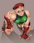  1girl bare_arms bare_legs bare_shoulders blonde_hair bodysuit bowalia braid braided_ponytail breasts cammy_white covered_nipples elbow_gloves fingerless_gloves gloves green_eyes hair_between_eyes hat kneeling long_hair looking_at_viewer military_hat muscular muscular_female ponytail red_gloves smile solo street_fighter 