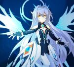  1girl android armor armored_dress artist_request bare_shoulders black_bodysuit black_gloves blue_background blue_halo bodysuit code:_sariel_(elsword) elsword energy_wings eve_(elsword) expressionless facepaint gloves hair_between_eyes halo jewelry long_hair looking_at_viewer mechanical_ears orange_eyes robot_ears second-party_source simple_background skirt solo spikes thighhighs very_long_hair white_hair white_thighhighs wings 