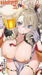  1girl 2024 alcohol beer beer_mug braid breasts brown_horns cleavage collarbone commentary_request cup dragon_girl dragon_horns gloves green_eyes hair_between_eyes happy_new_year haruken highres holding holding_cup horns large_breasts looking_at_viewer mug new_year original smile solo thighs twin_braids white_gloves 