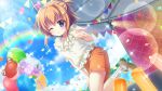  1girl ahoge balloon blowing_kiss blue_eyes blue_sky breasts brown_footwear cloud confetti day dot_nose dutch_angle film_grain frilled_shirt frills game_cg glowstick hair_ornament hairclip izumi_tsubasu lens_flare looking_at_viewer non-web_source official_art one_eye_closed orange_hair orange_shorts outdoors rainbow re:stage! shikimiya_mana shirt shoes short_hair shorts sidelocks sky small_breasts socks solo sparkle stage standing standing_on_one_leg string_of_flags sun white_shirt white_socks 
