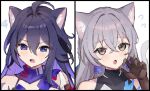  2girls :o ahoge anaketsu animal_ears black_gloves bronya_rand cat_ears cat_tail claw_pose colored_inner_hair commentary_request fang gloves grey_eyes grey_hair hand_up highres honkai:_star_rail honkai_(series) kemonomimi_mode long_hair multicolored_hair multiple_girls open_mouth portrait purple_eyes purple_hair purple_scarf scarf seele_(honkai:_star_rail) tail 