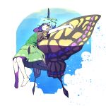  1girl antennae aqua_hair arms_up barefoot butterfly_wings dress eternity_larva fairy full_body green_dress highres insect_wings leaf leaf_on_head multicolored_clothes multicolored_dress nama_udon parted_lips short_hair short_sleeves solo touhou wings yellow_eyes 