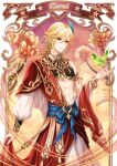  1boy abs armlet artist_name bangle blonde_hair bracelet bug butterfly character_name commentary earrings feather_hair_ornament feathers flower genshin_impact gold_trim green_butterfly hair_between_eyes hair_ornament heavenlove jewelry kaveh_(genshin_impact) long_sleeves looking_at_viewer male_focus red_eyes standing toned 