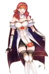  1girl :d absurdres bare_shoulders black_gloves black_thighhighs boots cape celica_(fire_emblem) commentary_request dress earrings feet_out_of_frame fingerless_gloves fire_emblem fire_emblem_echoes:_shadows_of_valentia gloves hairband highres jewelry kazuha_(kazuha1003) long_sleeves looking_at_viewer off-shoulder_dress off_shoulder open_mouth orange_eyes puffy_short_sleeves puffy_sleeves red_hair short_sleeves simple_background smile solo standing thighhighs white_background white_dress white_footwear white_hairband zettai_ryouiki 
