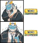 absurd_res anthro blue_body dragon facial_hair hair hi_res horn humor japanese_text l3yj2vcknincza7 lifewonders male mature_male meme necktie overweight qinglong solo text tokyo_afterschool_summoners white_hair