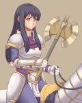  1girl armor astrid_(fire_emblem) axe black_hair blue_pants breastplate commentary_request fire_emblem fire_emblem:_path_of_radiance gloves holding holding_axe horseback_riding ibushi_(oath) long_hair pants partial_commentary pauldrons riding shoulder_armor simple_background sitting white_armor white_gloves yellow_eyes 