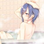  1girl air_bubble arm_support arm_up bangs bare_shoulders bathing blue_eyes blush breasts bubble eyebrows_visible_through_hair fog from_side hair_between_eyes hand_on_own_head knees_up messy_hair nude original parted_lips purple_hair short_hair sidelocks sitting small_breasts solo tiles towel towel_on_head water yushido_(shimizumfj) 