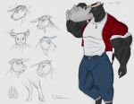  anthro black_body black_fur bottomwear bovid bovine cattle clothing colored fur holding_object hooves horn huge_muscle male mammal matthew_(sonicgamer) milk_jug_(object) pants purple_eyes shirt sketch solo sonicgamer topwear 