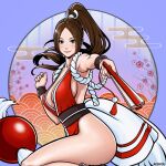  1girl ai_shou artist_name blush breasts brown_eyes brown_hair clenched_hand fatal_fury folded_fan folding_fan hand_fan highres holding holding_fan large_breasts long_hair looking_at_viewer parted_bangs ponytail revealing_clothes shiranui_mai smile snk solo the_king_of_fighters thighs 