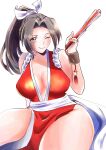  1girl bare_shoulders breasts brown_eyes brown_hair fatal_fury high_ponytail highres large_breasts looking_at_viewer one_eye_closed pelvic_curtain revealing_clothes shiranui_mai simple_background skn_513 smile snk solo the_king_of_fighters thighs white_background 