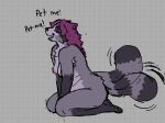 anthro blush blush_lines breasts cheek_tuft chest_tuft english_text eyes_closed facial_tuft female hair katsfish mammal markings medium_breasts motion_lines procyonid purple_hair raccoon slightly_chubby smile solo striped_markings striped_tail stripes tail tail_markings tail_motion tailwag text tuft