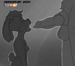  anthro balls bodily_fluids breasts canid canine canis cum cum_in_mouth cum_inside darkholm1 duo female genital_fluids genitals grey_background hi_res lagomorph leporid male male/female mammal open_mouth penis rabbit sara_(character) simple_background wolf 