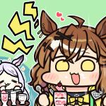  2girls :3 :d =_= ahoge animal_ears brown_hair commentary hair_ornament hairclip heart holding holding_spoon horse_ears horse_girl jacket jazz_jack jungle_pocket_(umamusume) long_hair looking_at_viewer lowres medium_hair mejiro_mcqueen_(umamusume) multicolored_hair multiple_girls parfait purple_hair smile spoon streaked_hair swept_bangs trembling umamusume white_hair yellow_eyes yellow_jacket 