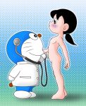 barefoot black_hair blue_body doctor domestic_cat doraemon doraemon_(character) duo feet felid feline felis female fenyxstriker hair hi_res human male male/female mammal medical_instrument nude scientific_instrument shizuka_minamoto smile standing