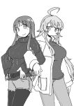  2girls ahoge alternate_costume belt breasts coat commentary_request denim denim_shorts greyscale kantai_collection large_breasts locked_arms long_hair looking_at_viewer monochrome multicolored_hair multiple_girls pants pantyhose personification ribbed_sweater shiki_kyouzoku short_shorts shorts simple_background south_dakota_(kancolle) standing star_(symbol) sweater washington_(kancolle) winter_clothes winter_coat 