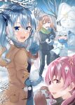  4girls adidas amane_kanata anemachi blue_hair blush_stickers coat doukyo&#039;s gloves highres hinata_kokage hololive hoshimachi_suisei jacket kiryuu_coco laughing mittens multiple_girls orange_hair pink_hair scarf side_ponytail silver_hair snow snowball snowball_fight snowman track_jacket v winter winter_clothes winter_coat 