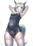  1girl absurdres alternate_costume animal_ears armpits arms_up ass_visible_through_thighs blue_eyes blue_one-piece_swimsuit breasts commentary_request cowboy_shot ear_covers grey_hair hair_ornament hairclip highres horse_ears horse_girl horse_tail looking_at_viewer one-piece_swimsuit saikuu seiun_sky_(umamusume) short_hair simple_background single_ear_cover small_breasts smile solo swimsuit tail thighhighs umamusume white_background white_thighhighs 