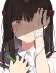  1girl bow braid brown_hair clenched_teeth collared_shirt commentary cover cover_page crying crying_with_eyes_open dot_nose dress_shirt drooling grey_eyes grey_sailor_collar hair_between_eyes hair_ribbon hand_on_own_face hand_over_eye hands_up holding holding_knife kitanai_kimi_ga_ichiban_kawaii knife long_hair looking_at_viewer manio official_art red_bow ribbon sailor_collar saliva sezaki_airi shirt solo straight_hair sweat tears teeth textless_version white_shirt 