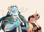  2boys amanojaku_(housamo) animal_ear_fluff aqua_hair aqua_skin bara beard black_hair blush bowl chopsticks claws closed_eyes coat colored_skin dragon_boy dragon_horns eating facial_hair food full_beard furry furry_male highres holding holding_bowl holding_chopsticks horns huge_eyebrows inutora08 japanese_clothes kimono long_mustache loose_necktie male_focus mask mask_on_head mature_male mochi mochi_trail multicolored_hair multiple_boys necktie oni oni_horns open_clothes open_coat pointy_ears qinglong_(housamo) red_skin shirt simple_background striped_necktie tokyo_afterschool_summoners two-tone_beard two-tone_hair upper_body white_hair white_shirt 