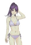  1girl arm_up bangs bikini breasts cleavage collarbone commentary_request cowboy_shot hand_to_head highres long_hair looking_at_viewer medium_breasts navel original peco_(pockleberry) ponytail purple_eyes purple_hair side-tie_bikini simple_background smile solo swimsuit white_background 
