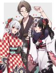  1boy 2024 2girls ahoge animal_print bell black_hair black_kimono border breasts brown_eyes brown_hair checkered_clothes checkered_kimono cup double_bun eyeshadow fingernails floral_print glasses gloves grey_background grey_hair hair_bell hair_bun hair_ornament hakase_fuyuki hakase_fuyuki_(5th_costume) heart heart_ahoge highres holding holding_cup ichibomotu japanese_clothes kagami_hayato kagami_hayato_(5th_costume) kimono large_breasts long_hair looking_at_viewer makeup medium_breasts multicolored_hair multiple_girls nail_polish nijisanji obi official_alternate_costume official_alternate_hairstyle open_mouth parted_bangs parted_lips pink_eyeshadow pink_hair pink_nails rabbit_hair_ornament rabbit_print red_eyes red_sash ribbon round_eyewear sash short_hair simple_background smc-gumi_(nijisanji) smile split-color_hair streaked_hair twintails two-tone_hair unmoving_pattern virtual_youtuber white_border white_kimono wide_sleeves yorumi_rena yorumi_rena_(12th_costume) 