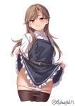  1girl arashio_(kantai_collection) black_legwear brown_eyes brown_hair cowboy_shot dress ebifurya frilled_dress frills highres kantai_collection long_hair long_sleeves panties panty_pull pantyhose pantyhose_pull pinafore_dress remodel_(kantai_collection) shirt skirt skirt_lift twitter_username underwear white_background white_panties white_shirt 