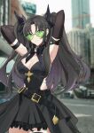  1girl absurdres armpits arms_up belt belt_buckle black_hair blurry blurry_background breasts buckle changpan_hutao city cleavage commentary_request cowboy_shot earrings elbow_gloves eyebrows_visible_through_hair fate/stay_night fate_(series) gloves hair_between_eyes highres jewelry long_hair looking_at_viewer medium_breasts outdoors skirt sleeveless solo standing thighhighs tohsaka_rin 