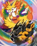 aaron_akio absurd_res action_pose action_scene ambiguous_gender anthro arms_outstretched augury_(artist) belt big_ears big_tail black_body black_fire black_fur boots braixen clothed clothing colored_fire duo eeveelution fangs feral fire flareon flowing_hair flowing_tail fluffy fluffy_ears footwear fur generation_1_pokemon generation_6_pokemon hair handpaw heterochromia hi_res hindpaw jumping looking_at_viewer male multicolored_fire neck_tuft nintendo open_mouth orange_body orange_fur paws pokemon pokemon_(species) pose purple_eyes rainbow rainbow_fire red_eyes scarf shirt spiky_hair suspended_in_midair tail teeth topwear tuft tunic white_sclera yellow_eyes