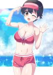  1girl bikini black_hair breasts brown_eyes cleavage collarbone cowboy_shot front-tie_bikini_top front-tie_shorts front-tie_top girls_und_panzer igarashi_(igarashi_346) medium_breasts nakajima_(girls_und_panzer) one_eye_closed red_bikini red_headwear red_shorts short_hair shorts smile solo swimsuit visor_cap waving 