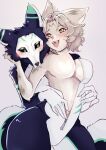 anthro blush breasts canid canine canis domestic_cat duo felid feline felis female female/female fur green_eyes grey_body grey_fur hi_res living_clothing mammal medium_breasts unknown_artist wolf yellow_eyes zipper