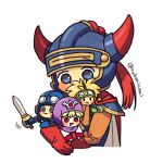  1girl 3boys armor blonde_hair blue_eyes blue_gloves blue_headwear blush_stickers cape carrying carrying_person child commentary_request cropped_torso dragon_quest dragon_quest_i dragon_quest_ii fake_horns gloves goggles goggles_on_headwear green_gloves helmet herb hero_(dq1) holding holding_staff holding_sword holding_weapon hood horned_helmet horns multiple_boys nabenko prince_of_lorasia prince_of_samantoria princess_of_moonbrook purple_headwear purple_hood red_cape red_eyes red_gloves shoulder_armor staff sword upper_body weapon white_background white_tunic 