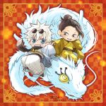  2024 2boys black_eyes black_hair black_scarf blue_eyes boots chibi chinese_zodiac dragon ear_piercing eastern_dragon eyewear_on_head getou_suguru gojou_satoru grin hair_bun hair_pulled_back haori highres japanese_clothes jujutsu_kaisen kimono male_focus mar_(march_jjt) multiple_boys piercing red_background round_eyewear sandals scarf smile sunglasses teeth twitter_username white_hair white_kimono wide_sleeves year_of_the_dragon yellow_kimono 