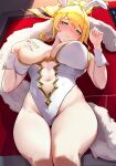  1girl absurdres animal_ears artoria_pendragon_(fate) artoria_pendragon_(swimsuit_ruler)_(fate) blonde_hair breasts fake_animal_ears fate/grand_order fate_(series) highres large_breasts leotard looking_at_viewer playboy_bunny rabbit_ears solo strapless strapless_leotard white_leotard yi_ke_si_gali_bang 
