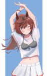  1girl animal_ears blush breasts brown_hair highres horse_ears horse_girl long_hair nice_nature_(run&amp;win)_(umamusume) nice_nature_(umamusume) non-web_source skirt solo sweat umamusume wet white_skirt 